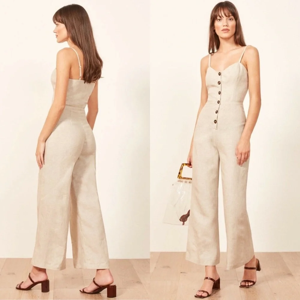 REFORMATION Linen Sweetheart Neck Button Front Sleeveless Wide Leg Jumpsuit‎ 6